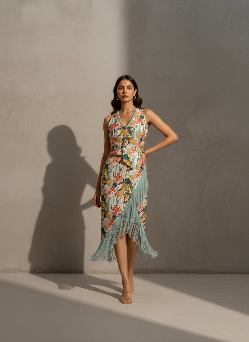 Fringe Bloom Wrap Midi Dress