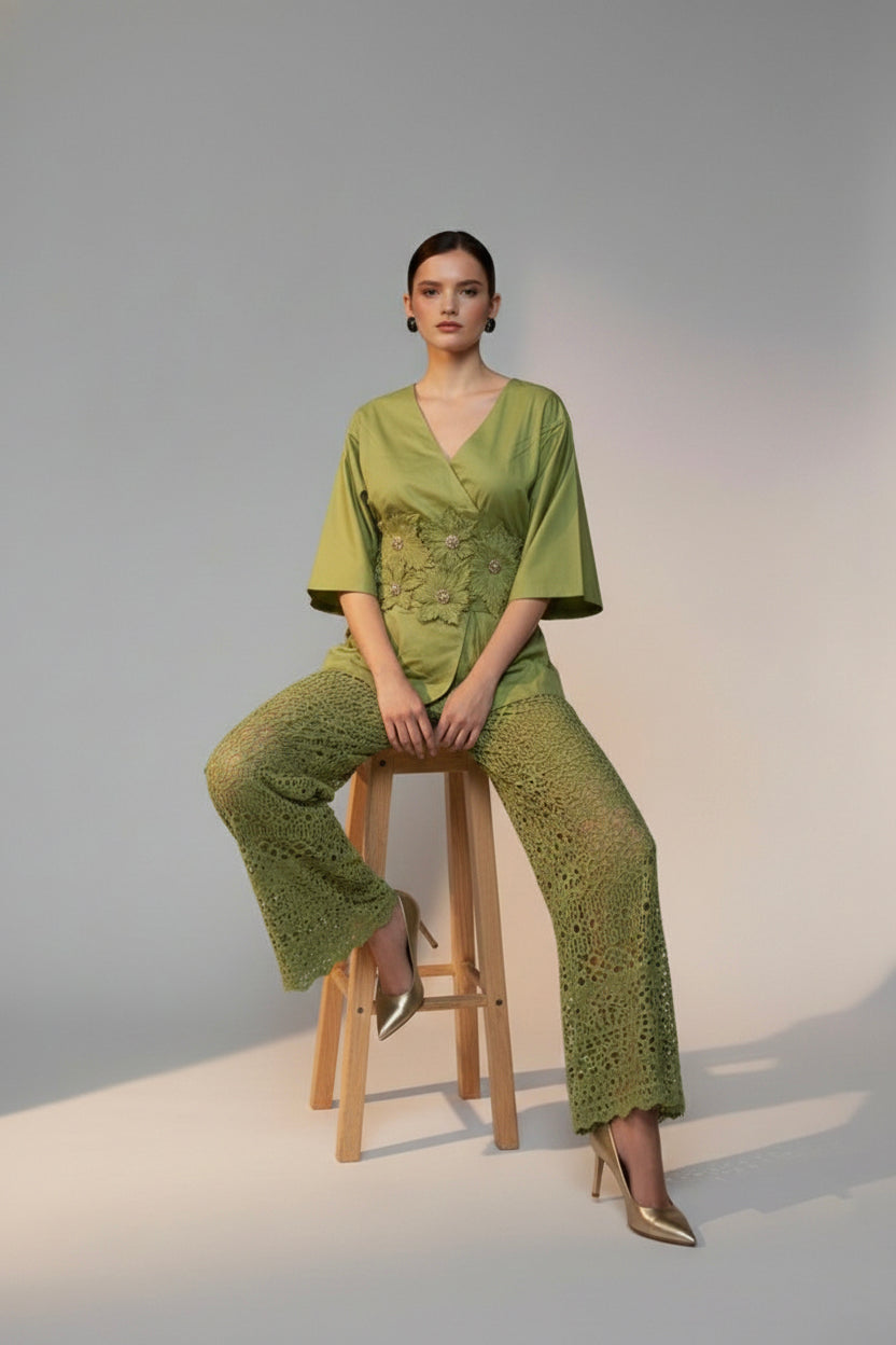 Olive Bloom Tunic & Lace Trouser Set