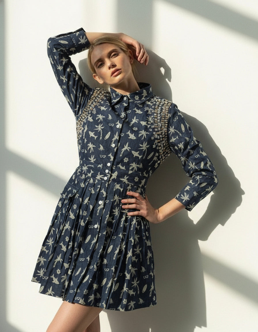 Tropical Stud Denim Mini Dress