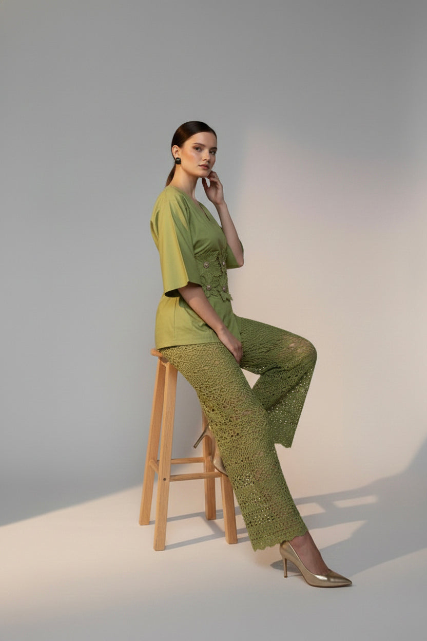 Olive Bloom Tunic & Lace Trouser Set