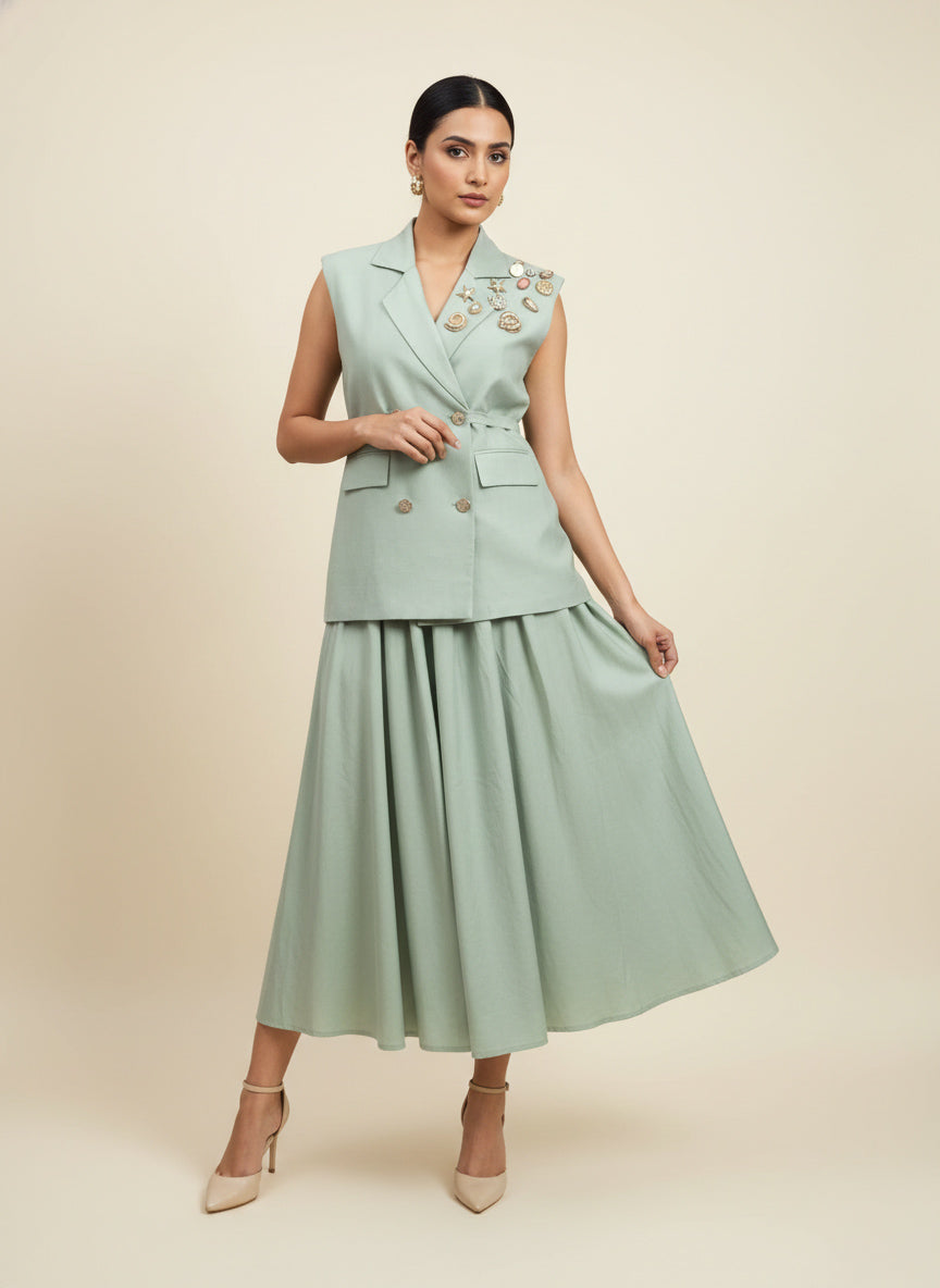 Heritage Button Waistcoat & Midi Skirt Set