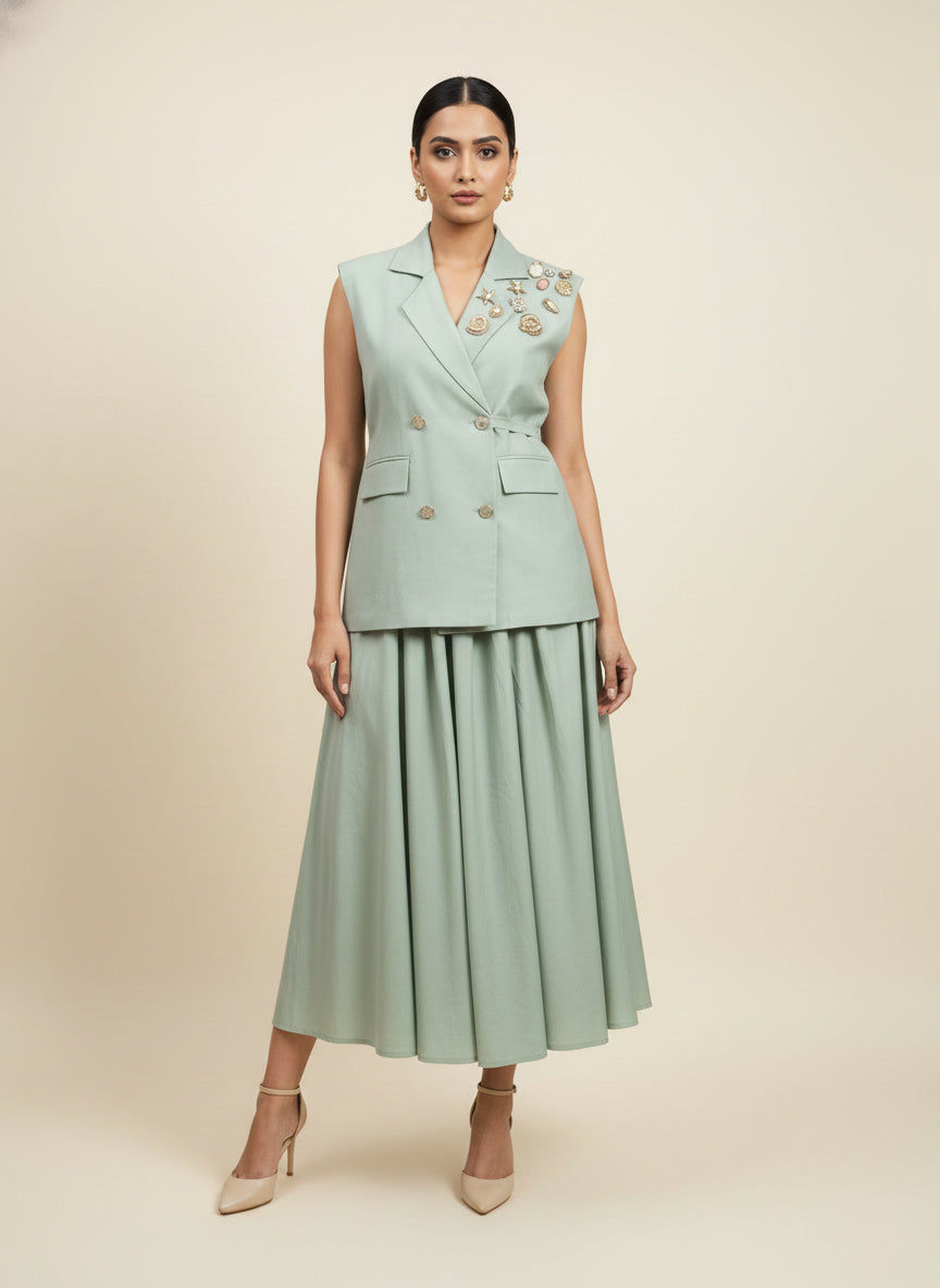 Heritage Button Waistcoat & Midi Skirt Set